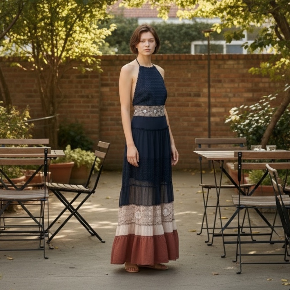 White House Black Market NWT $220 Boho Maxi Dress Laced Tiered Halter Festival